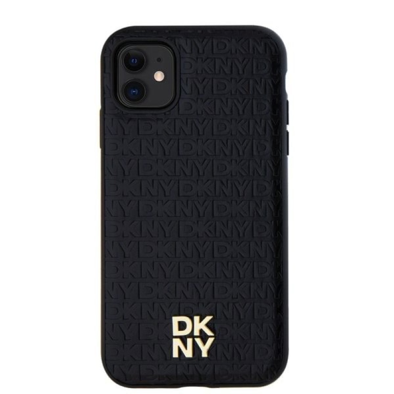 DKNY PU Leather Repeat Pattern Stack Logo Magsafe Zadný Kryt pre iPhone 11 Black