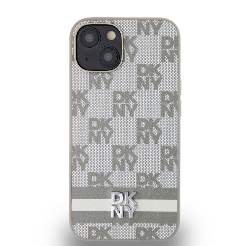 DKNY PU Leather Checkered Pattern and Stripe Zadný Kryt pre iPhone 14 Beige