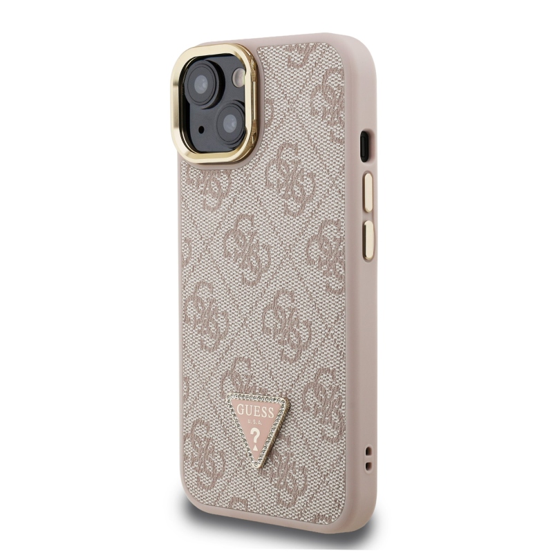 Guess PU 4G Strass Triangle Logo Stand Camera Frame MagSafe Zadný Kryt pre iPhone 14 Pink