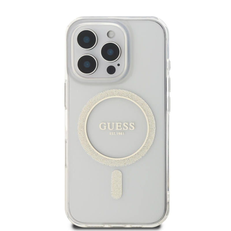 Guess IML Glitter Ring MagSafe Zadný Kryt pre iPhone 16 Pro Max Transparent