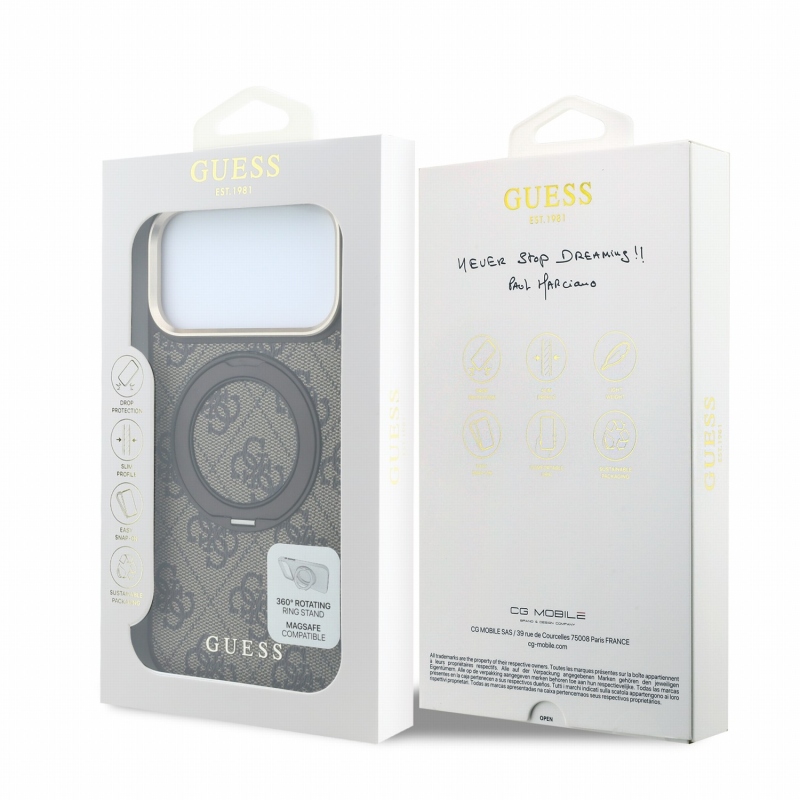 Guess PU 4G Ring Stand MagSafe zadný kryt pre iPhone 18 Pro Max, hnedý