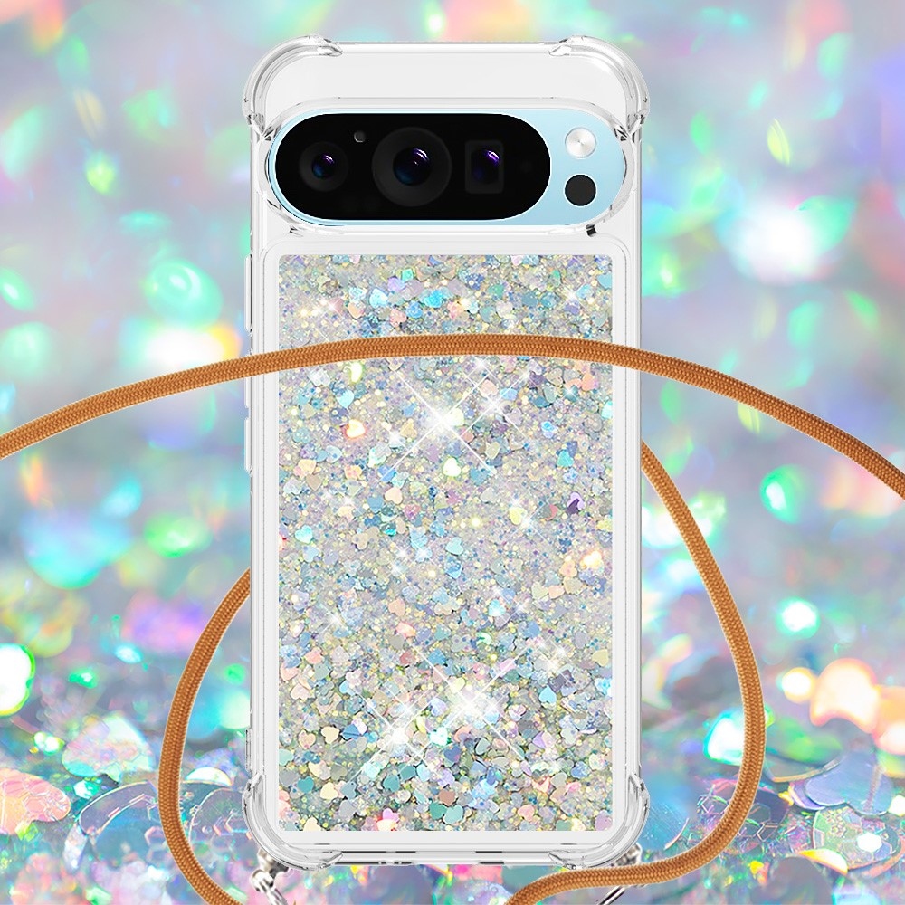 Glitters presýpací gélový obal so šnúrkou na Google Pixel 10 Pro/Pixel 10 - strieborný/srdiečka