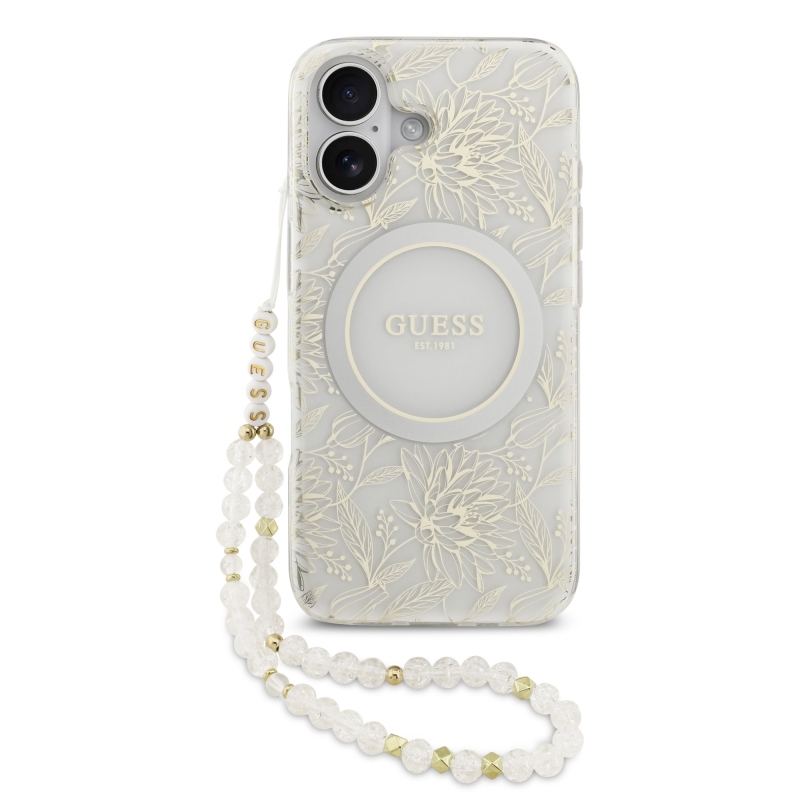 Guess IML Flowers Allover Strap MagSafe zadný kryt pre iPhone 17 White