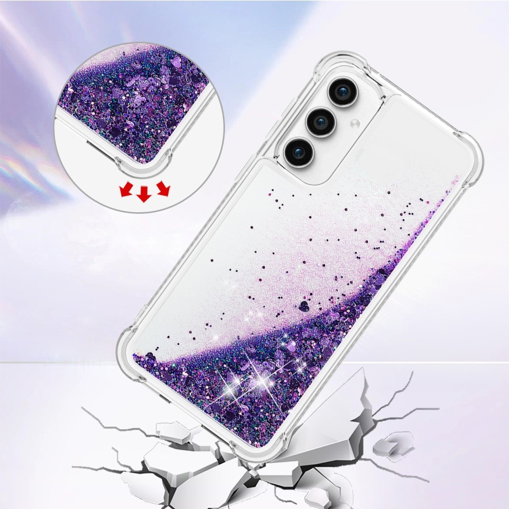 Glitter gélový presýpací obal na Samsung Galaxy S23 FE - tmavofialový/srdiečka