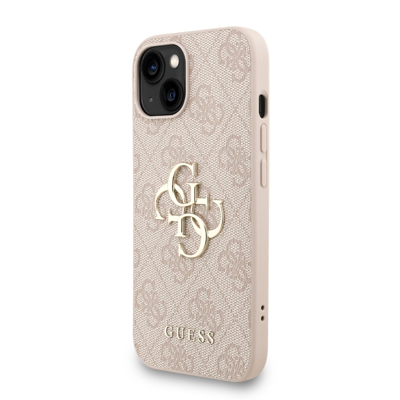 Guess PU 4G Metal Logo Strap Zadný Kryt pre iPhone 15 Pink