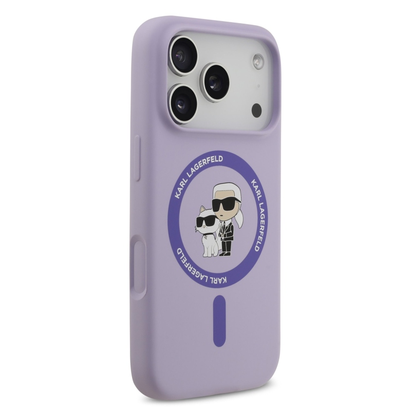 Karl Lagerfeld Tekutý silikónový kryt Karl and Choupette MagSafe pre iPhone 17 Pro Purple