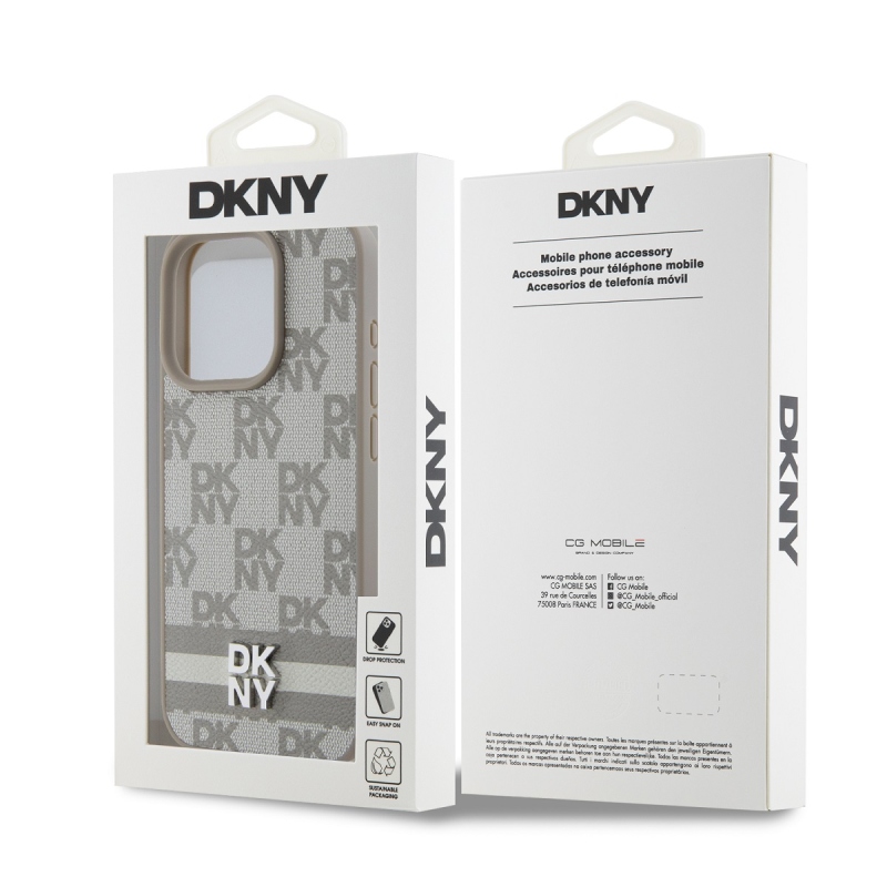 DKNY PU Leather Checkered Pattern and Stripe Zadný Kryt pre iPhone 15 Pro Beige