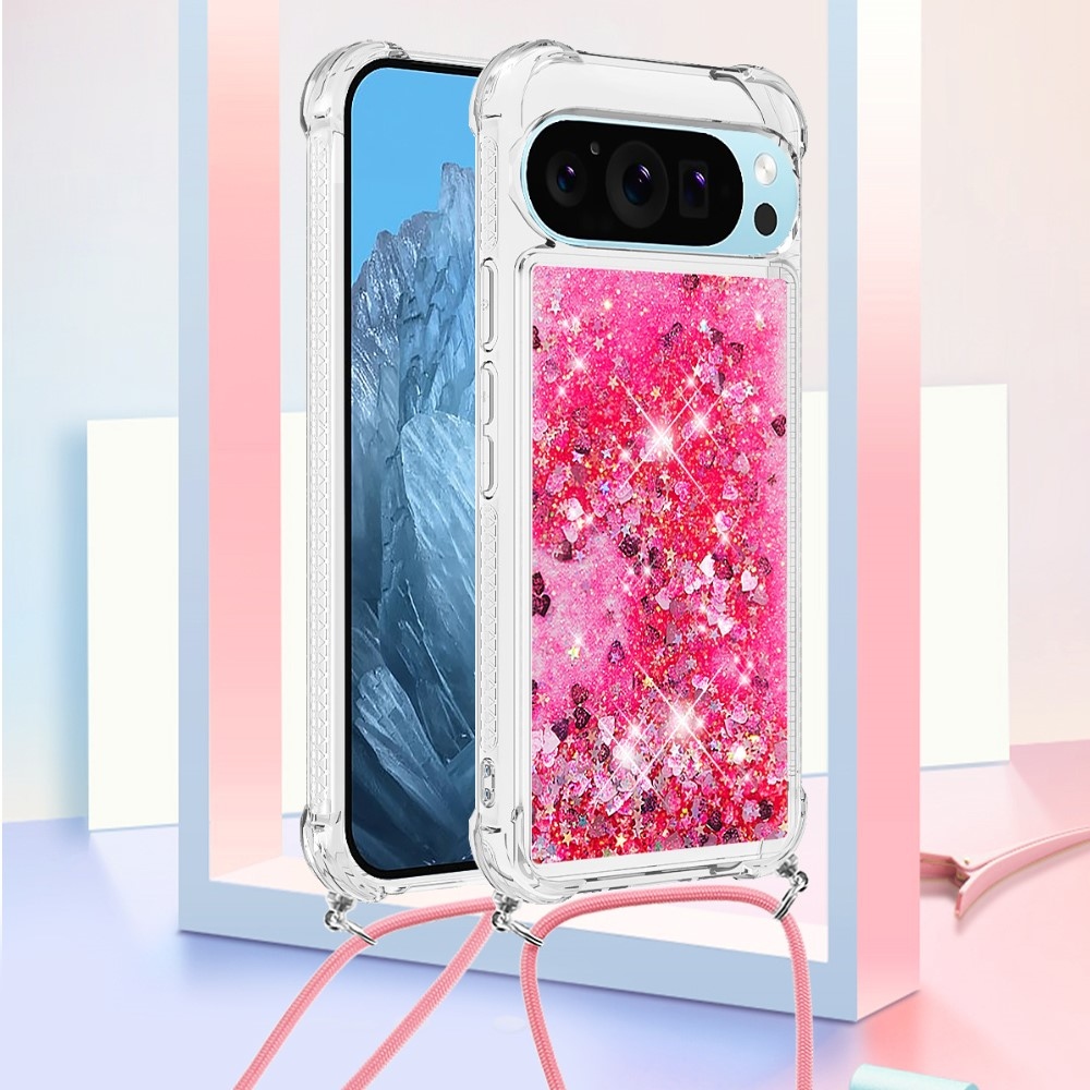 Glitters presýpací gélový obal so šnúrkou na Google Pixel 10 Pro/Pixel 10 - ružový/srdiečka