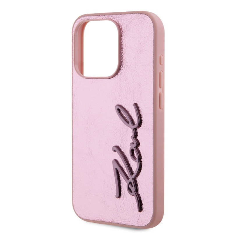 Karl Lagerfeld Wrinkled PU Signature Logo Zadný Kryt pre iPhone 15 Pro Pink