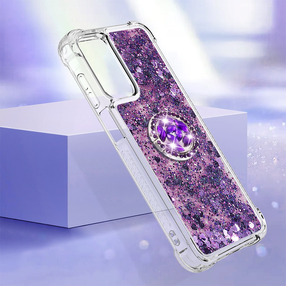 Glitt presýpací gélový obal s krúžkom na prst na Samsung Galaxy A17 5G - tmavofialový/srdiečka