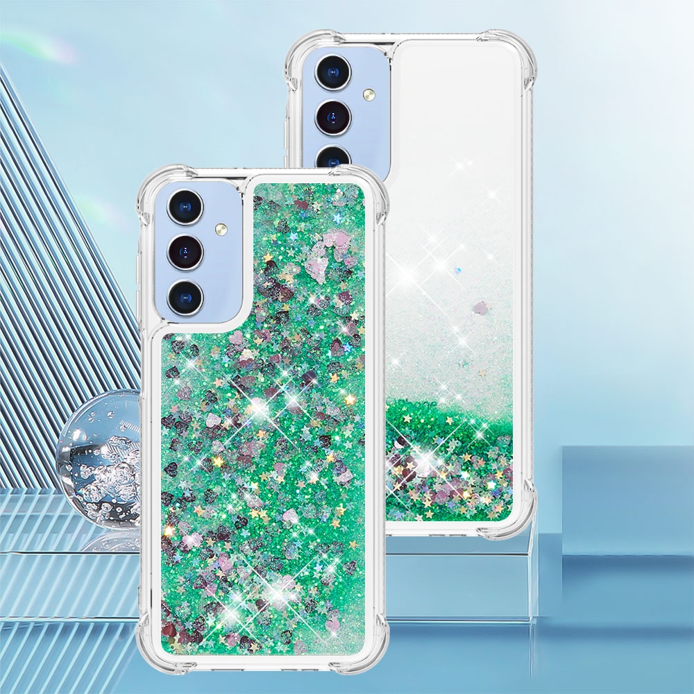 Glitter presýpacie gélový obal na Samsung Galaxy A17 5G - zelený/srdiečka