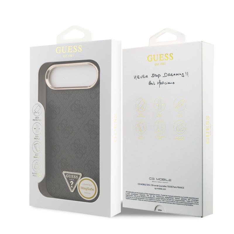 Guess PU kožený 4G štrasové trojuholníkové logo Gold Frame MagSafe zadný kryt pre iPhone Air Black