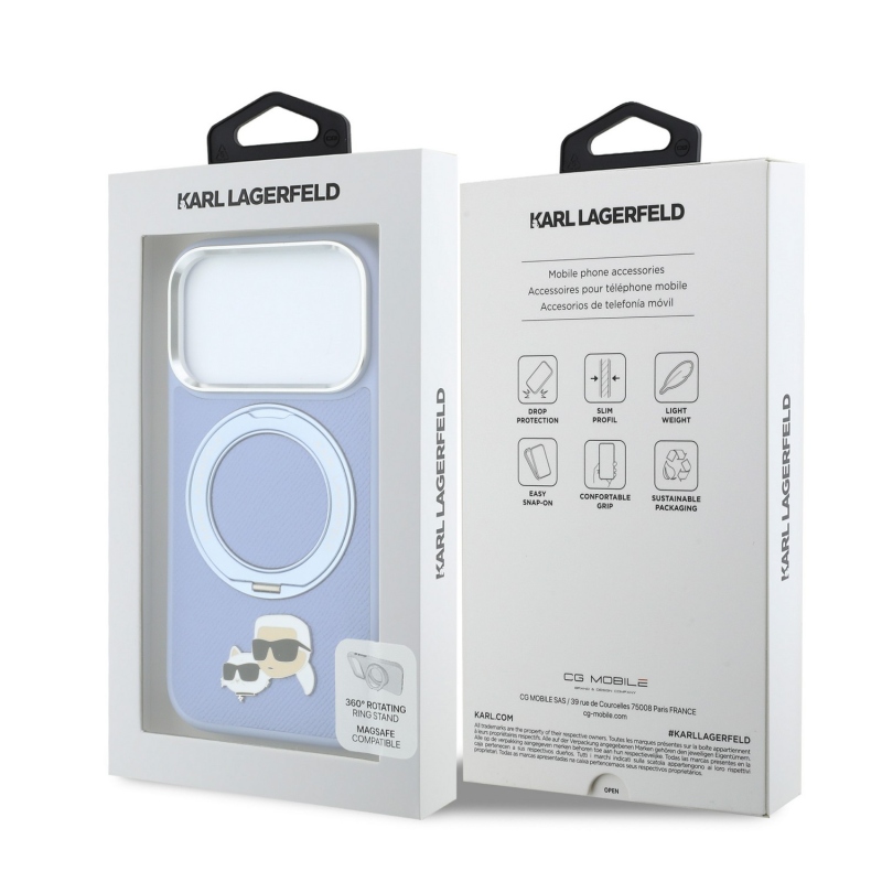 Karl Lagerfeld PU Grained K&CH Heads Ring Stand Magsafe zadný kryt pre iPhone 18 Pro, modrý