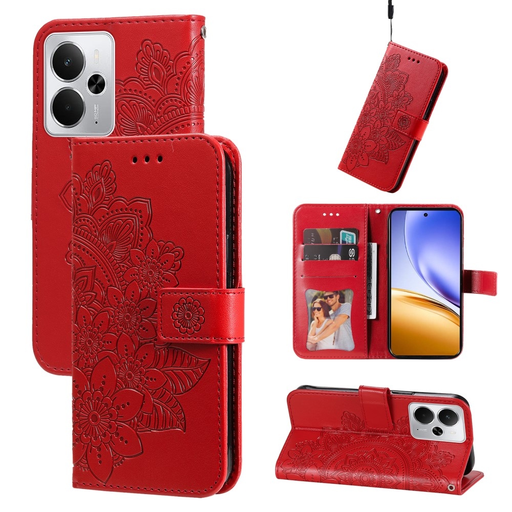 Floral knižkové puzdro na Realme 14 5G - červené
