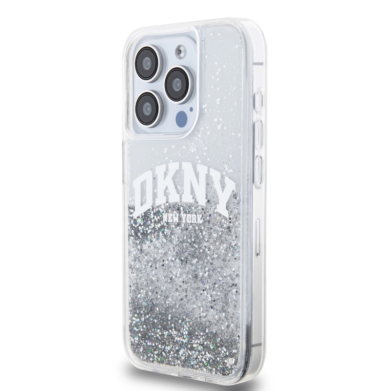 DKNY Liquid Glitter Arch Logo Zadný Kryt pre iPhone 14 Pro Transparent