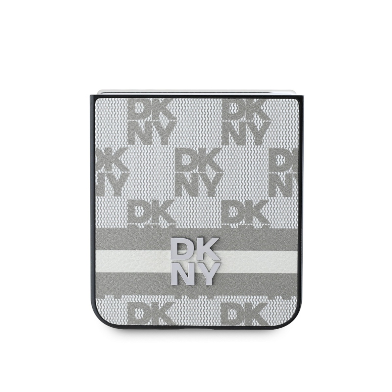 DKNY PU Leather Checkered Pattern and Stripe Zadný Kryt pre Samsung Galaxy Z Flip 6 Beige