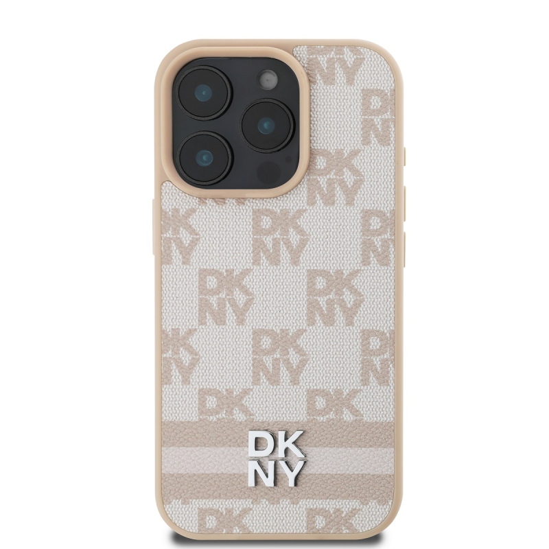 DKNY PU Leather Checkered Pattern and Stripe Zadný Kryt pre iPhone 16 Pro Pink