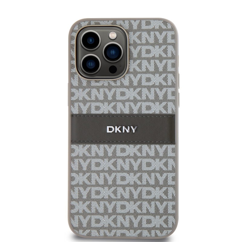 DKNY PU Leather Repeat Pattern Tonal Stripe Zadný Kryt pre iPhone 15 Pro Max Beige