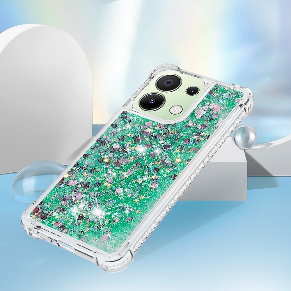Glitter gélový presýpací obal na Xiaomi Redmi Note 13 - zelený/srdiečka