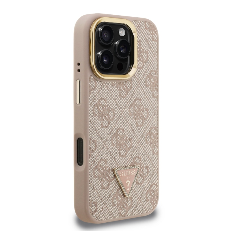 Guess PU 4G Strass Triangle Logo Stand Camera Frame MagSafe Zadný Kryt pre iPhone 16 Pro Pink