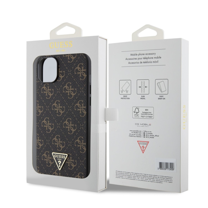 Guess PU 4G Triangle Metal Logo Zadný kryt pre iPhone 15 Plus Black