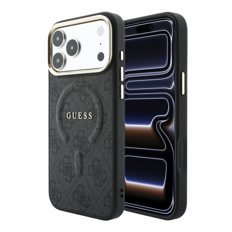 Guess PU Leather 4G Gold Frame Embossed MagSafe zadný kryt pre iPhone 18 Pro, čierny