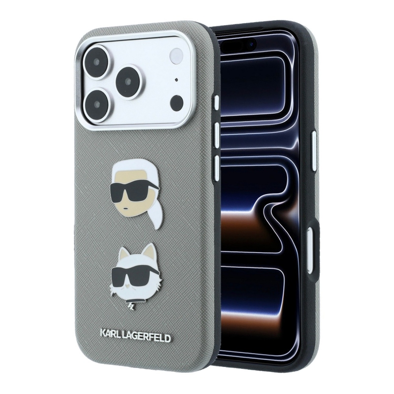 Karl Lagerfeld PU Semi Wrap Saffiano K&CH Heads Zadný kryt pre iPhone 18 Pro Max, sivý