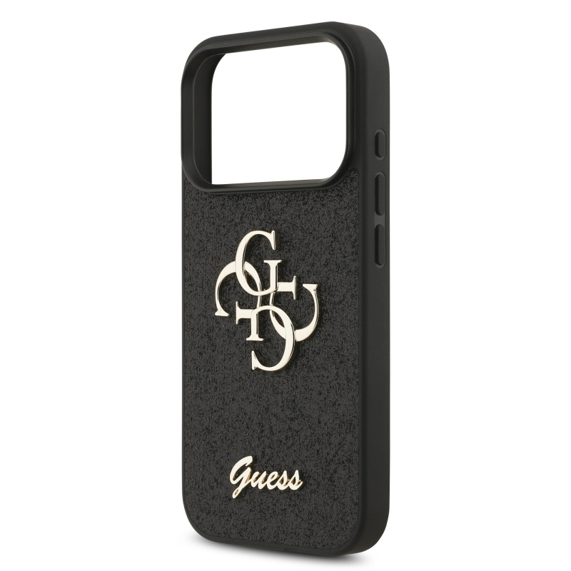Guess PU Pevný zadný kryt s kovovým logom 4G Glitter pre iPhone 17 Pro Black