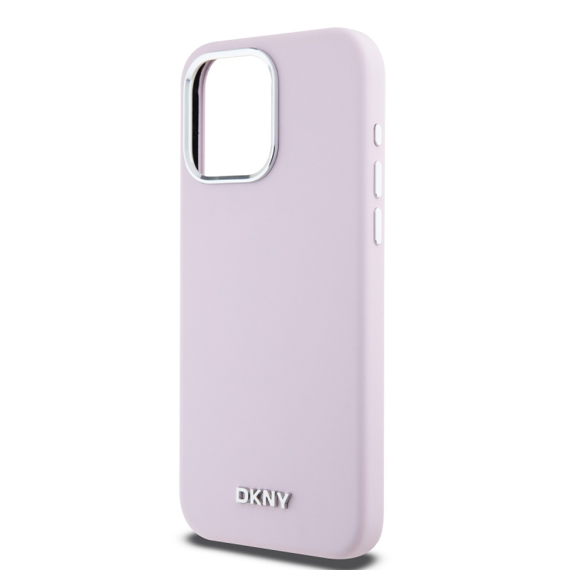 DKNY Liquid Silicone Silver Metal Logo Magsafe Zadný Kryt pre iPhone 15 Pro Max Pink