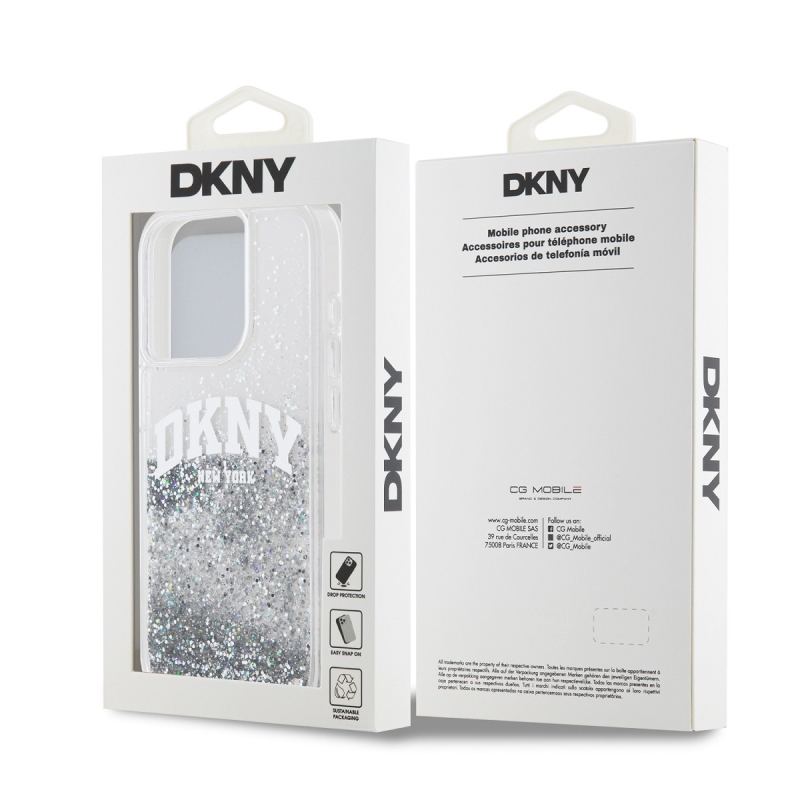 DKNY Liquid Glitter Arch Logo Zadný Kryt pre iPhone 14 Pro Transparent