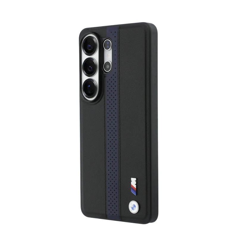 BMW M PU kožený perforovaný zadný kryt s pruhmi a kovovým logom pre Samsung Galaxy S26 Ultra Blue