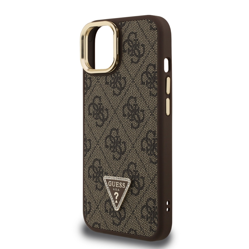 Guess PU 4G Strass Triangle Logo Stand Camera Frame MagSafe Zadný Kryt pre iPhone 14 Brown