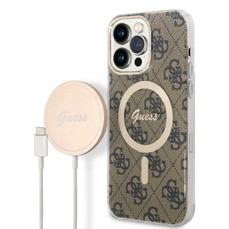 Guess 4G MagSafe Kompatibilný Zadný Kryt + Bezdrôtová Nabíjačka pre iPhone 14 Pro Max Brown