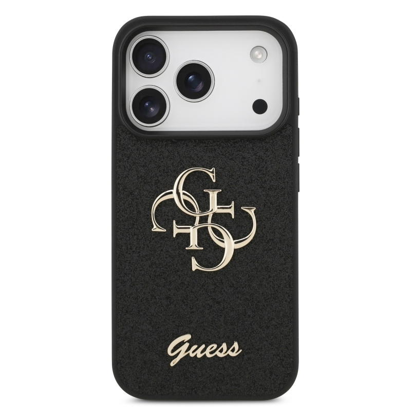 Guess PU Pevný zadný kryt s kovovým logom 4G Glitter pre iPhone 17 Pro Black