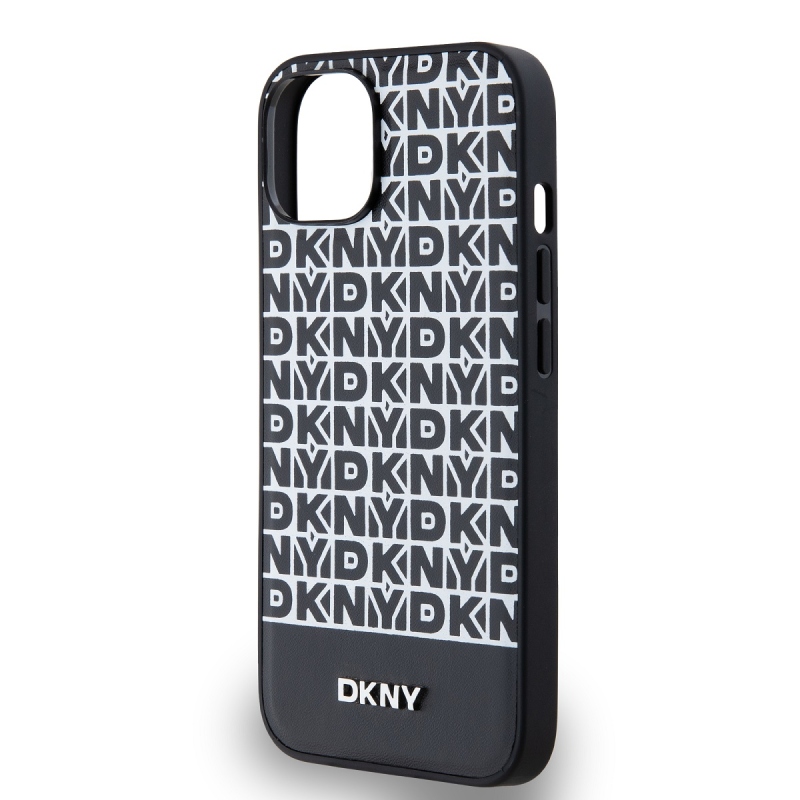 DKNY PU Leather Repeat Pattern Bottom Stripe MagSafe Zadný Kryt pre iPhone 13 Black