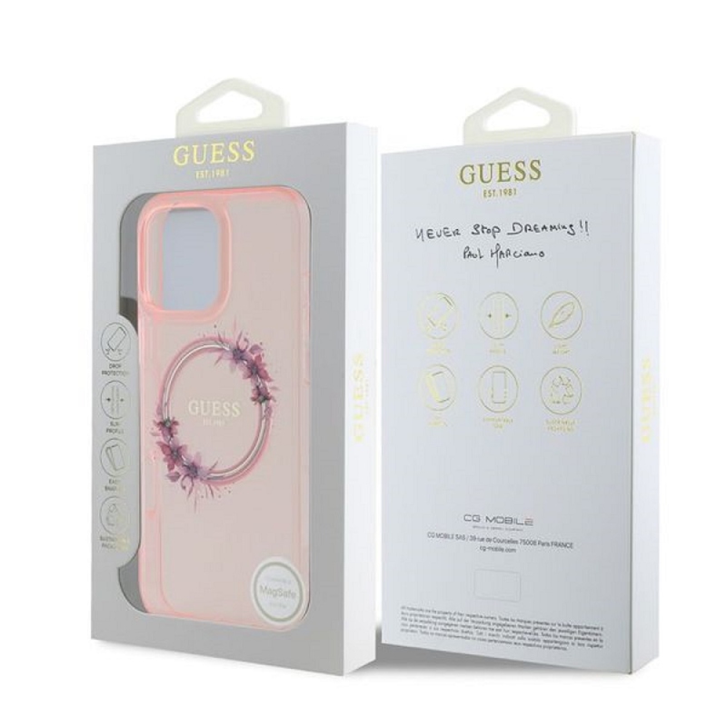 Guess IML Flowers Ring MagSafe Zadný Kryt pre iPhone 16 Pro Pink