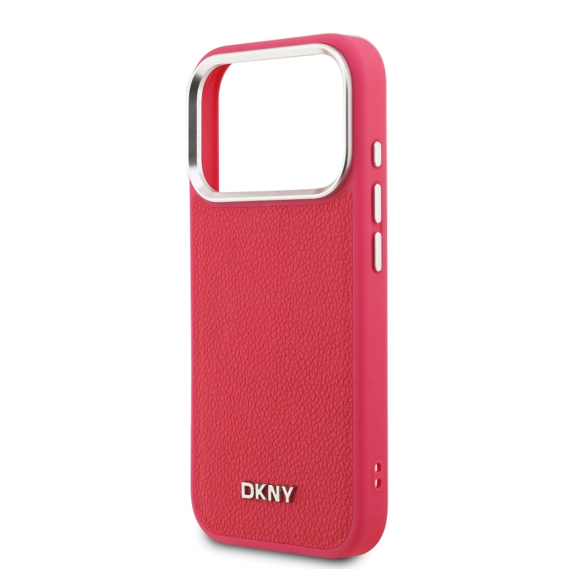 DKNY PU kožený kovový kryt s logom na zápästie MagSafe zadný kryt pre iPhone 17 Pro Pink