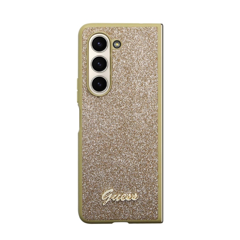 Guess PC/TPU Glitter Flakes Metal Logo Zadný Kryt pre Samsung Galaxy Z Fold 5 Gold