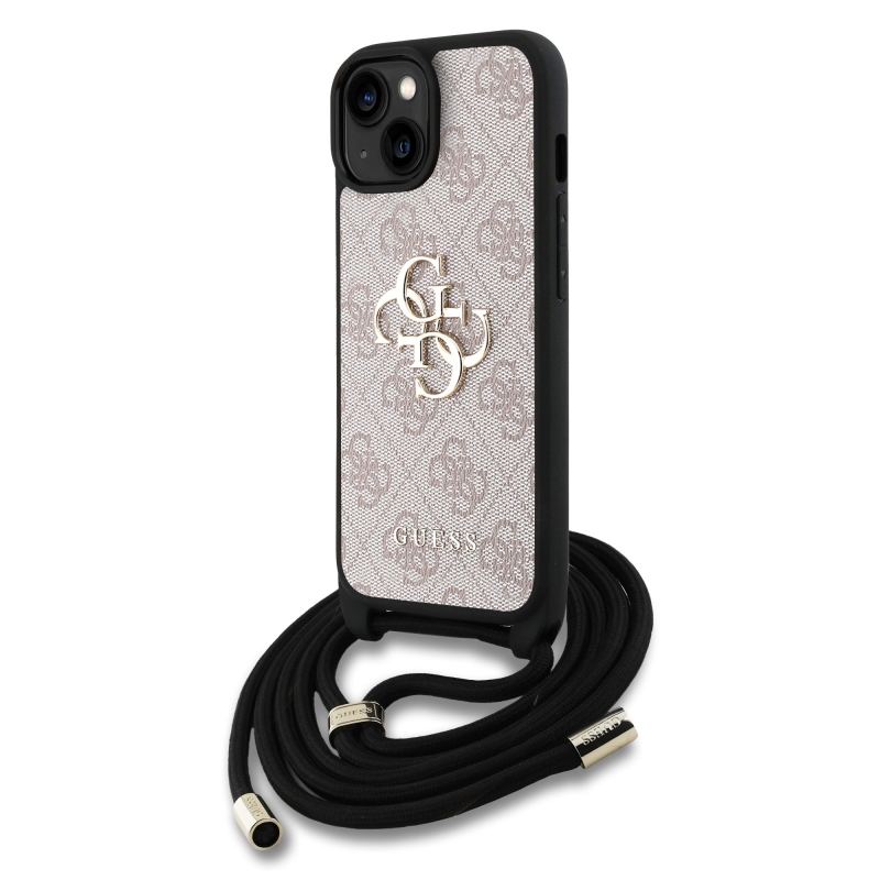 Guess PU 4G Metal Logo Crossbody Popruh Zadný Kryt pre iPhone 15 Pink