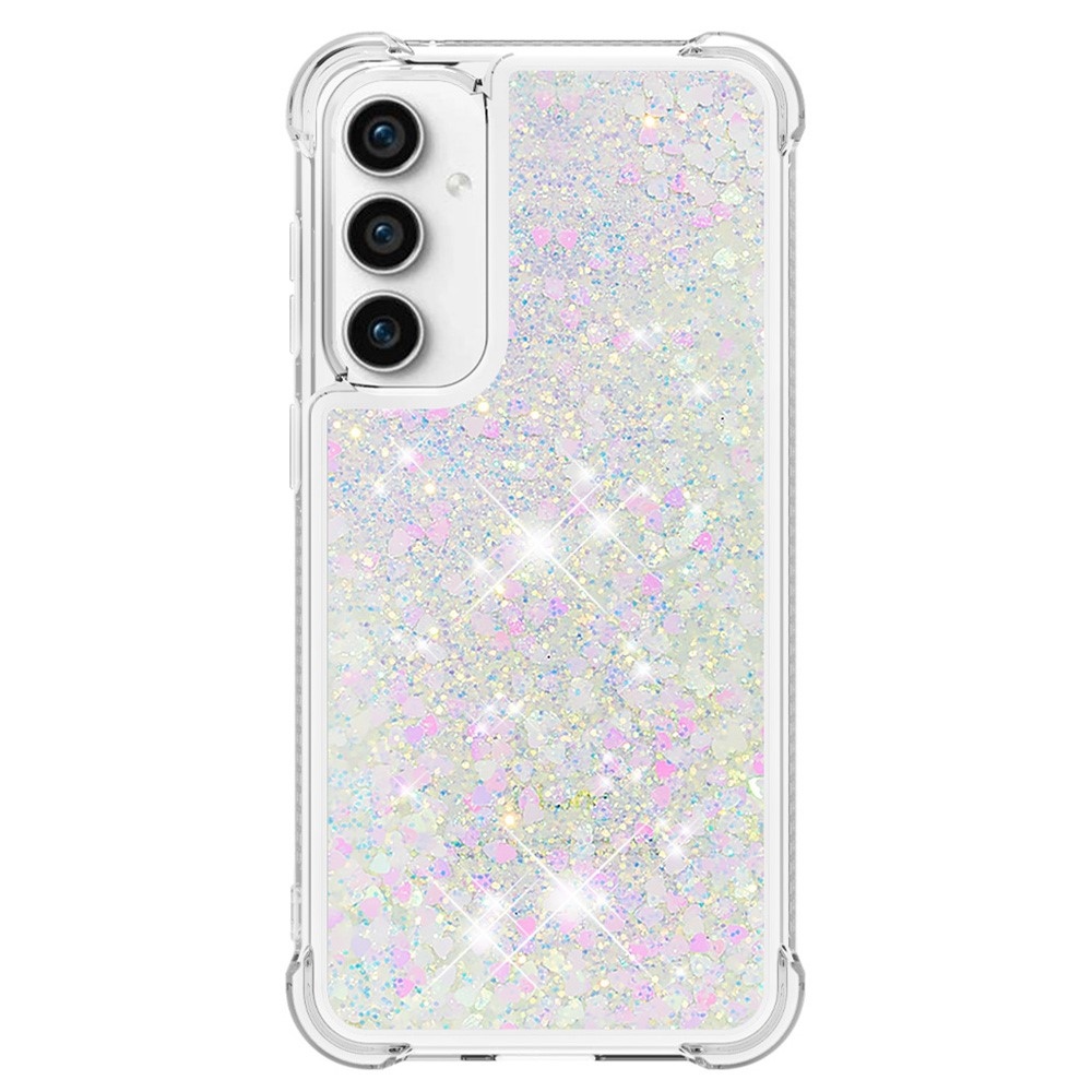 Glitter gélový presýpací obal na Samsung Galaxy S23 FE - ružovo strieborný/srdiečka