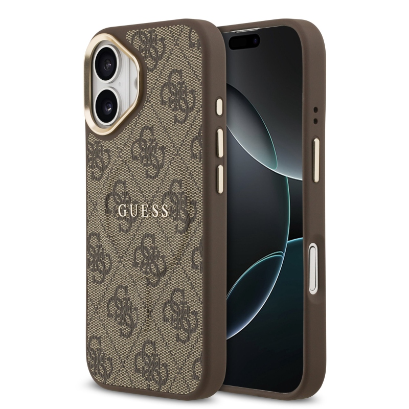 Guess PU kožený zadný kryt 4G Gold Frame MagSafe pre iPhone 17 Brown