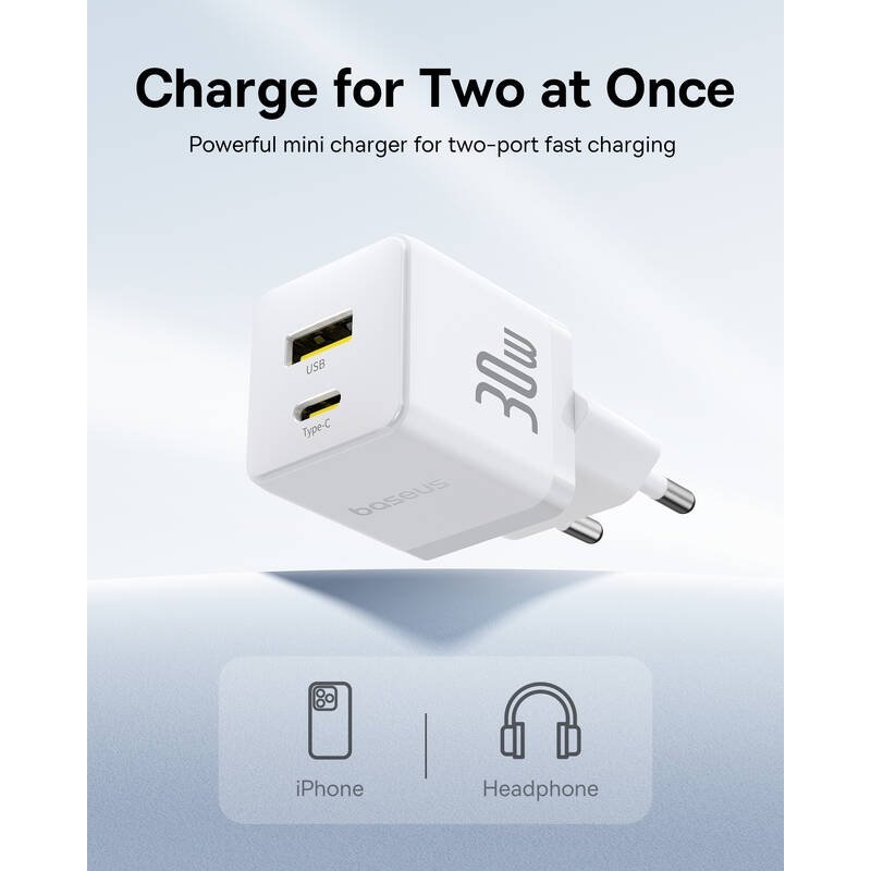 Rýchla nabíjačka Baseus Palm USB-A + USB-C 30W biela