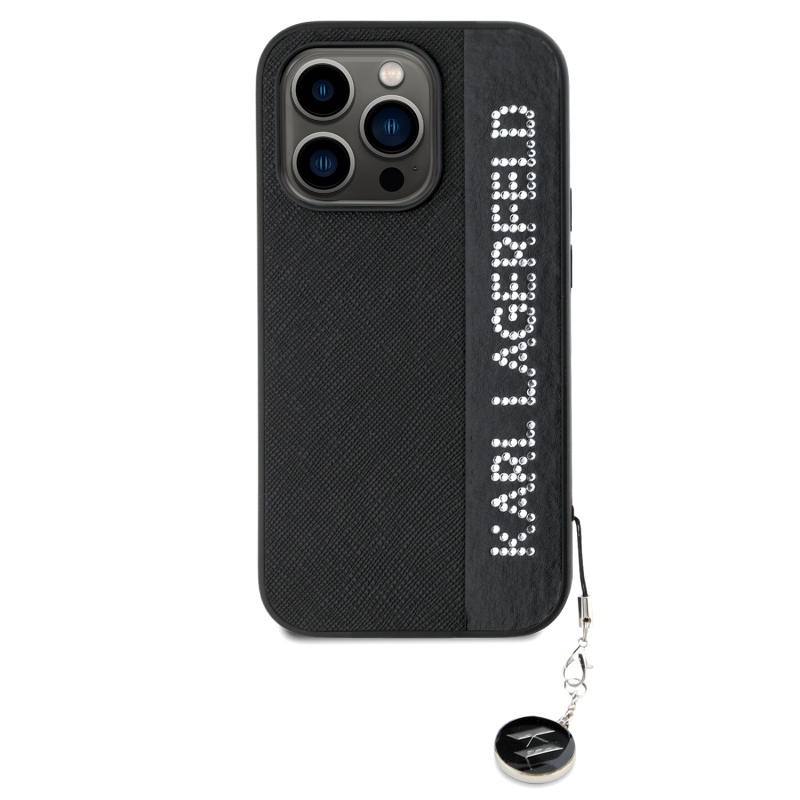 Karl Lagerfeld PU Saffiano Rhinestone Charm Zadný Kryt pre iPhone 14 Pro Max Black