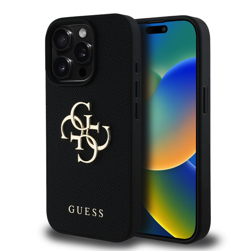 Guess PU Grained 4G Metal Logo Zadný Kryt pre iPhone 15 Pro Black