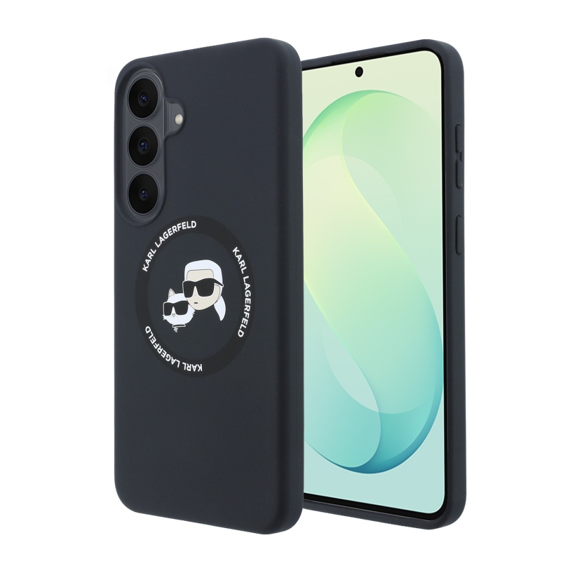 Karl Lagerfeld – zadný kryt z tekutého silikónu s dvojitými hlavami a magnetickým uchytením pre Samsung Galaxy S26 FE, čierny