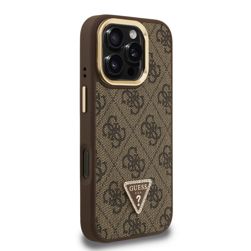 Guess PU 4G Strass Triangle Logo Stand Camera Frame MagSafe Zadný Kryt pre iPhone 16 Pro Brown