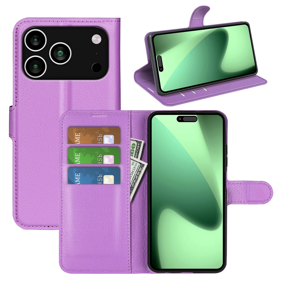 Litchi knižkové puzdro na iPhone 17 Pro Max - fialové