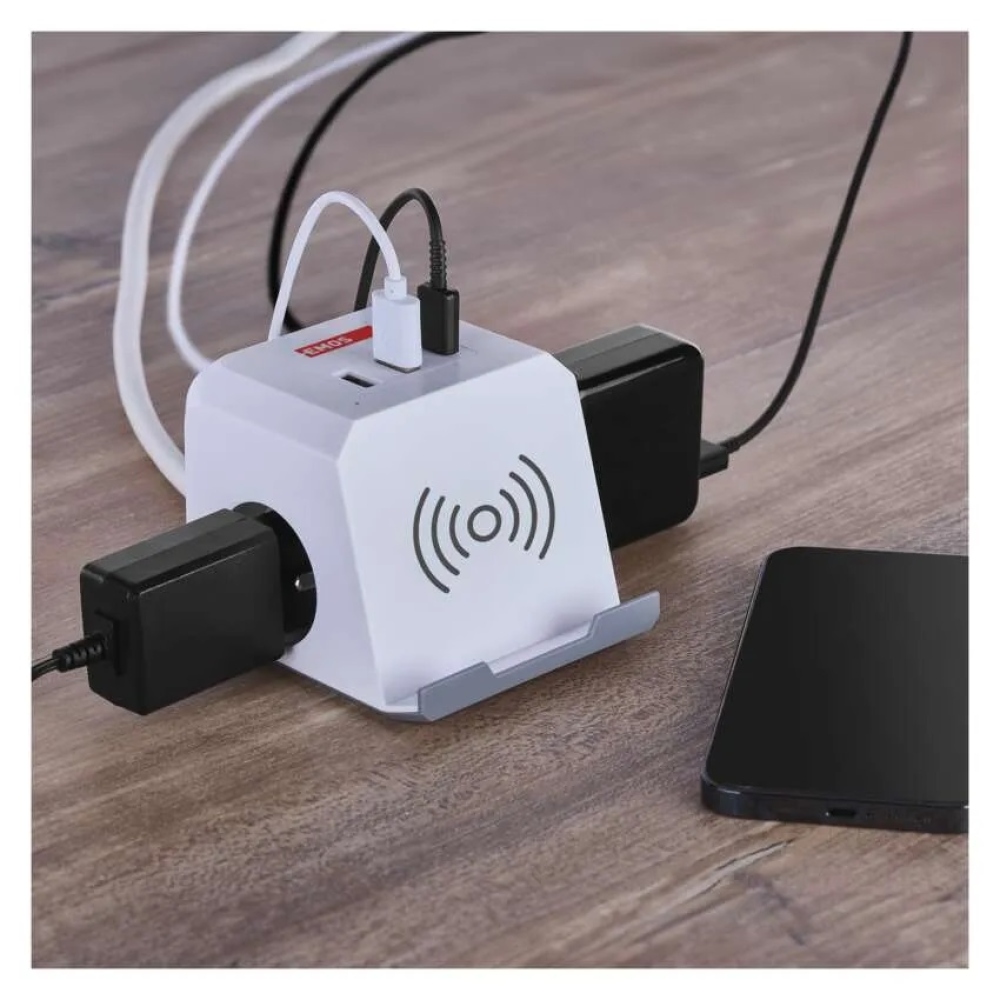 Predlžovací kábel - kocka 2 m / 2 zásuvky / biely / 2×USB-A+1×USB-C+Qi / 1,5 mm2