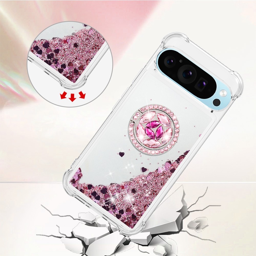 Glitt presýpací gélový obal s krúžkom na prst na Google Pixel 10 - ružovozlatý/srdiečka