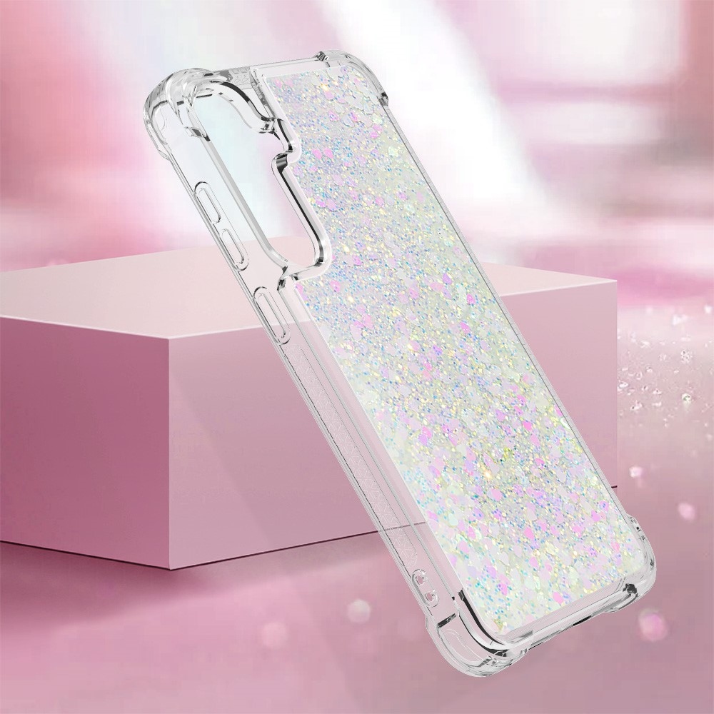 Glitter presýpací gélový obal na mobil Samsung Galaxy S24+ - ružovostrieborný/srdiečka